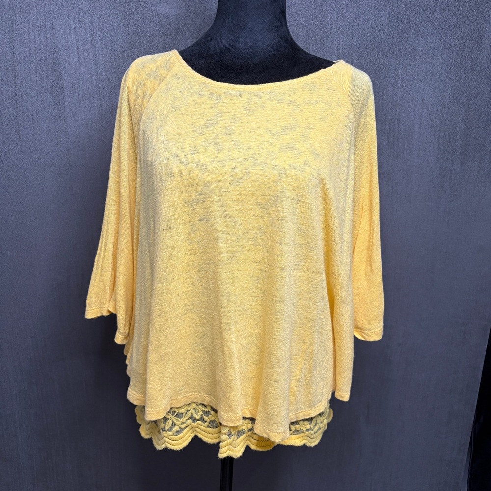 Akemi+Kin Top Women Medium Yellow Linen Lace Layered Boho Batwing Anthropologie